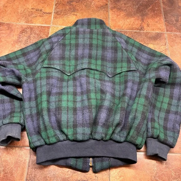 80s Polo by Ralph Lauren Made in USA Green Plaid Wool Blend Bomber Coat - Picture 5 of 9